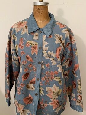 Alfred Dunner Blue Floral Button-Up Jacket, 16 Spring,Summer lightweight